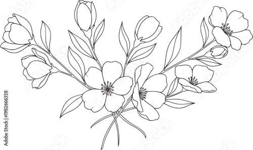 Delicate line of blooming flowers and buds with leaves floral leaf