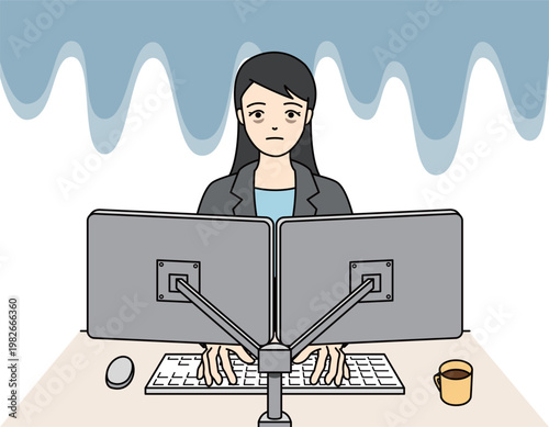精神的に追い詰められながらパソコン作業を続ける疲弊した女性