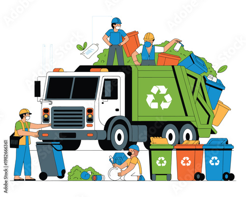 Workers load a recycling truck with waste.