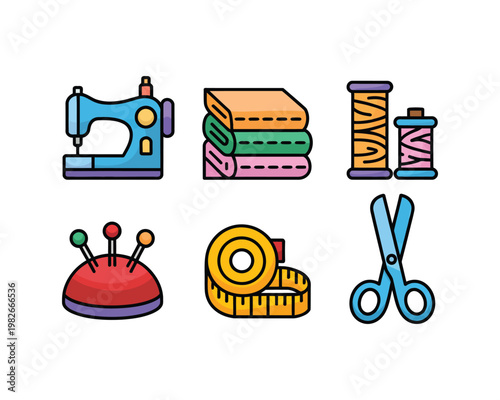 Sewing tools are arranged for a craft.