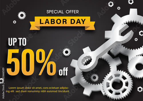 Poster banner of Labor day sale template with Industrial equipment in 3d style, sale wording on black background. Vector illustration