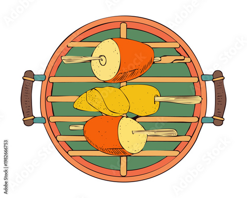 Grilling assorted skewers on a round grill for summer barbecue party and outdoor cooking event - Vector Illustration