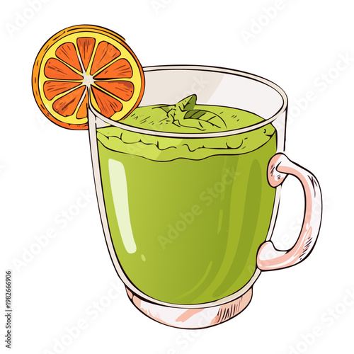 Hot mug of green tea with citrus garnish for wellness and healthy lifestyle drink promotion - Vector Illustration