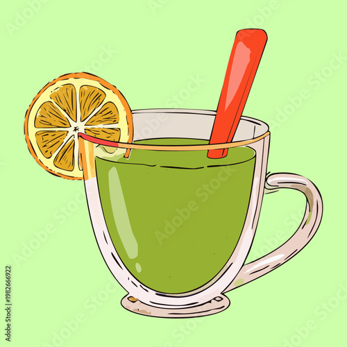 Glass mug of hot green tea with a stirrer and orange for healthy drink concept - Vector Illustration