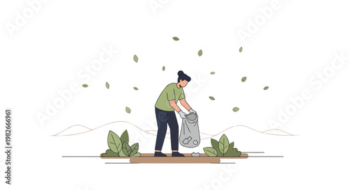 Man collecting trash in a garden with green plants and leaves falling around him