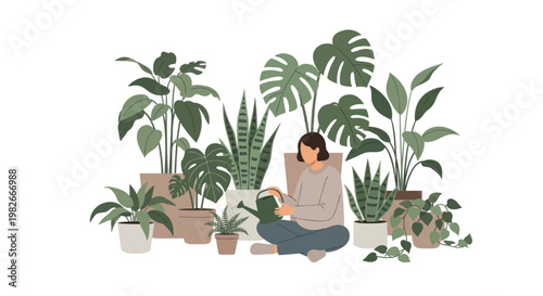 Woman sitting surrounded by lush green plants watering a small potted plant with a watering can indoor gardening plant care relaxation serenity nature green thumb home decor