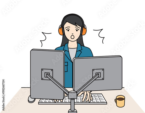 事務所でイヤーマフを装着してPC画面に驚く作業服の女性