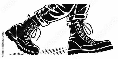 Fotografía Close-up illustration of a person's legs wearing sturdy combat boots and tactica
