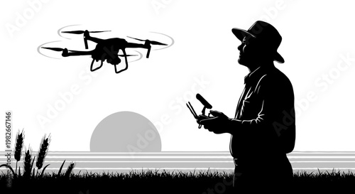 farmer operating drone mapping crops silhouette isolated on white background agriculture technology concept
