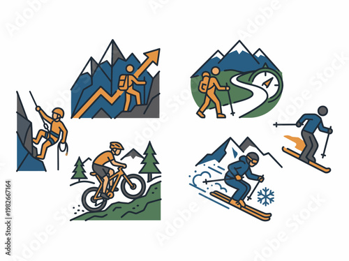 A vibrant illustration of people engaging in various winter sports in a mountainous landscape