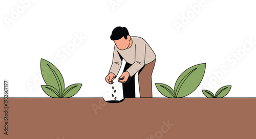 Man planting seeds in soil with green plants growing around him in garden