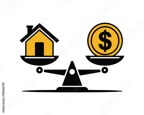 House and coin balance on a weighing scale.
