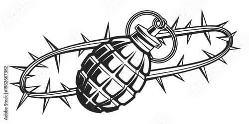 Foto Symbolic illustration of a hand grenade intertwined with a thorny crown represen