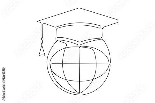 Graduation cap with globe continuous one line drawing minimalist outline vector