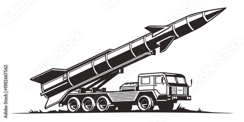 Bild auf Leinwand Truck-mounted mobile missile launcher carrying a large ballistic missile ready f