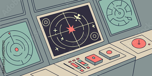 Detailed close-up of a radar screen displaying a target and coordinates on a complex control panel with multiple monitors and buttons air traffic navigation detection aviation technology