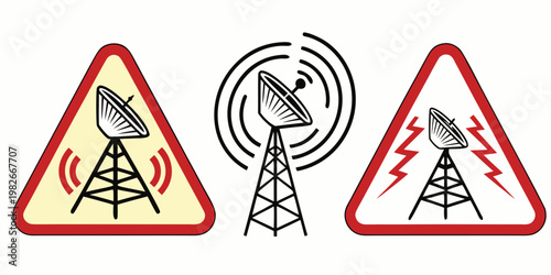 Collection of communication tower and satellite dish warning signs depicting active signals radio wave emissions potential electromagnetic interference warning sign radio waves wireless