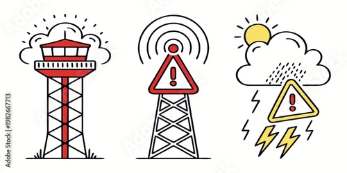 Air traffic control tower communication mast weather warning icons set with rain sun lightning warning sign exclamation mark rain cloud icon set radio waves line art warning triangle