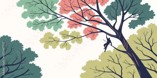 Energetic person swinging from a tall tree branch in a lush green and colorful forest canopy viewed from below with swinging outdoors adventure activity childhood lifestyle environment