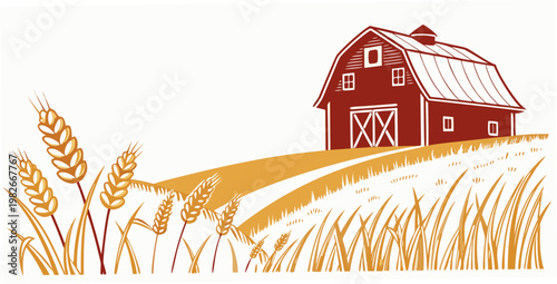 Rustic red barn with white trim situated on a gentle hill within a vast golden wheat field, illustrating agricultural bounty and a serene rural landscape during harvest season, agriculture