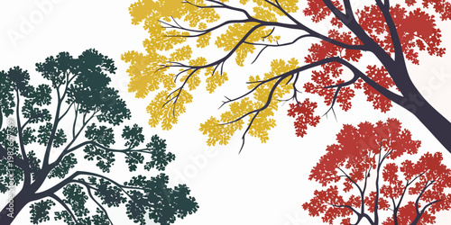 Stylized autumn trees with yellow red deep green fall foliage against a clean white background capturing seasonal change and natural beauty in a graphic illustration, colorful