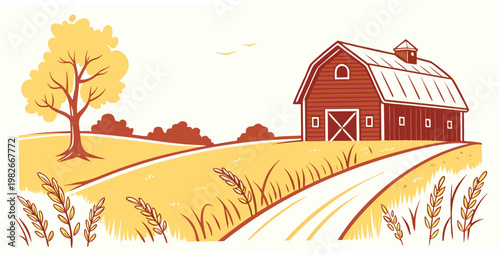 Idyllic red barn and a single autumn tree in a rolling golden field with a winding country road depicting a serene rural landscape under a clear sky with flying birds agriculture landscape