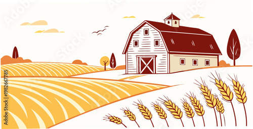 Rural farm landscape with traditional red barn house in golden wheat fields under a clear sky an idyllic agricultural countryside scene illustration agriculture landscape countryside