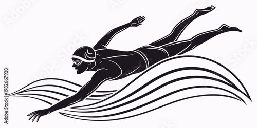 Black and white silhouette illustration of a woman swimming through stylized waves representing fitness and aquatic sports with swimming silhouette exercise freestyle competition training