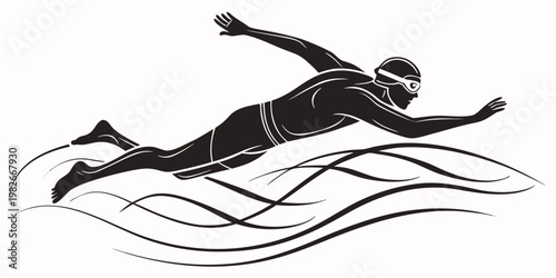Dynamic silhouette of a male swimmer in motion over stylized waves black and white graphic for sports achievement and fitness with swimming silhouette exercise training competition activity
