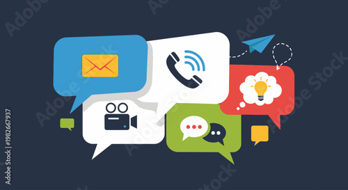 Communication icons in speech bubbles.