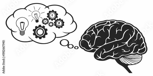 Human brain illustration with thought bubble featuring gears and glowing lightbulbs representing innovation problem solving and mechanical thinking lightbulb innovation technology