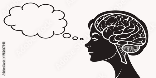 Silhouette of a woman head profile with detailed brain illustration and empty thought bubble for copy space or custom message on white background silhouette thinking neurology psychology