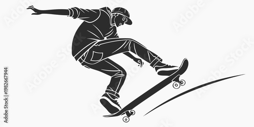 Skateboarder silhouette performing a difficult balance trick on an inclined surface with dynamic posture skateboarder skateboarding silhouette illustration movement recreation lifestyle