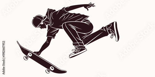 Dynamic silhouette of a skateboarder performing a high-flying trick with the board in mid-air skateboarder skateboarding silhouette illustration movement performance recreation lifestyle
