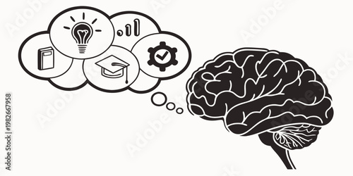 Human brain illustration with thought bubble containing education and business icons including lightbulb for ideas graduation cap for learning and data charts for analysis lightbulb education