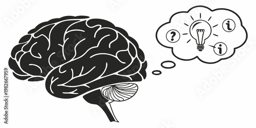 Human brain graphic with thought bubble containing lightbulb for ideas question mark for inquiry and information icons representing knowledge and problem solving information question learning