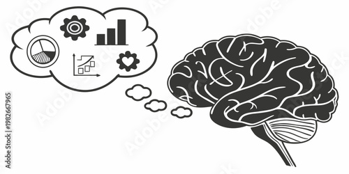 Human brain diagram with thought bubble featuring business analytics icons such as pie chart bar graph and gears for strategic thinking and data processing business analysis strategy