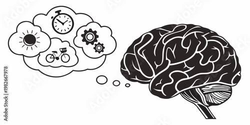 Silhouette illustration of a human brain with a thought bubble containing symbols for time management physical activity sunlight logical processing thinking mechanics psychology intelligence