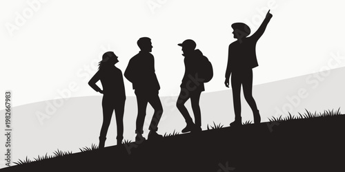 Silhouette of a group of travelers standing on a grassy mountain ridge looking at the horizon with one person pointing towards a distant destination silhouette mountain landscape adventure