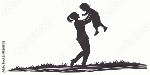 Joyful silhouette illustration of a mother lifting her child up high in the air over a grassy meadow representing happiness and freedom with happiness silhouette isolated illustration