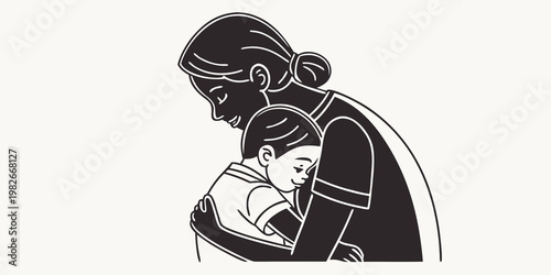 Mother embracing her young child in a tender hug illustration representing parental love and care in black and white silhouette style with maternal affection tenderness protection together
