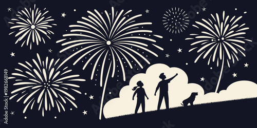 Silhouette of a father daughter pet dog watching a large firework display from a grassy hill on a starry night with clouds fireworks silhouette daughter celebration watching together
