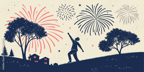 Silhouette of a man celebrating with his fist raised under a bright firework display in a residential neighborhood with trees and houses at night fireworks silhouette celebration suburban