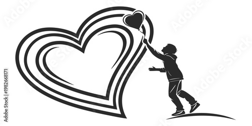 Silhouette of a young boy reaching for a heart shaped balloon with large concentric heart outlines in black and white graphic style silhouette reaching childhood happiness innocent