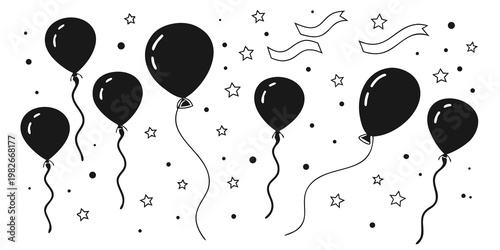 Festive celebration elements set featuring balloon silhouettes stars and ribbons for party decoration graphics balloons celebration birthday anniversary decoration collection silhouette