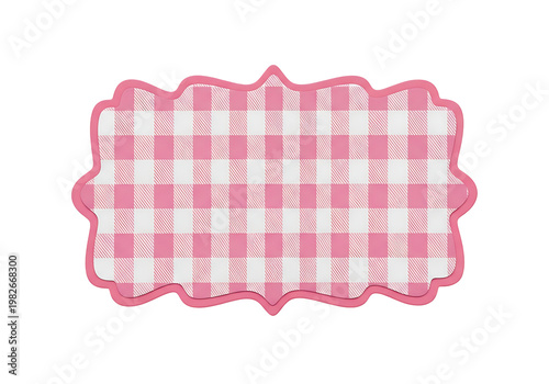 Pink Gingham Pattern Label. Decorative Checkered Frame. Cute Rustic Design Element. Plaid Texture.