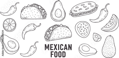 Hand drawn Mexican food including tacos avocados and chili peppers lime