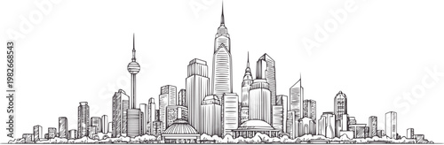 Hand drawn of diverse city skyline with tall buildings and towers architecture urban