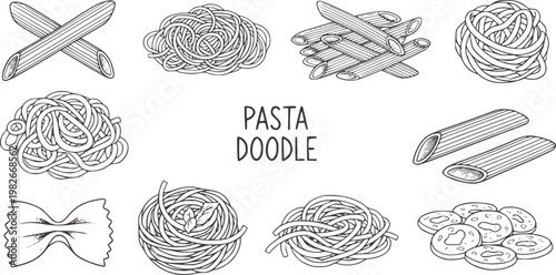 Hand drawn pasta doodles featuring penne farfalle spaghetti and tagliatelle nests