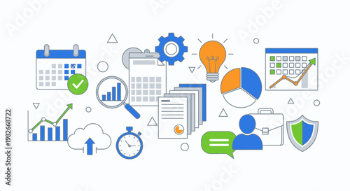 Business icons and data analysis symbols.